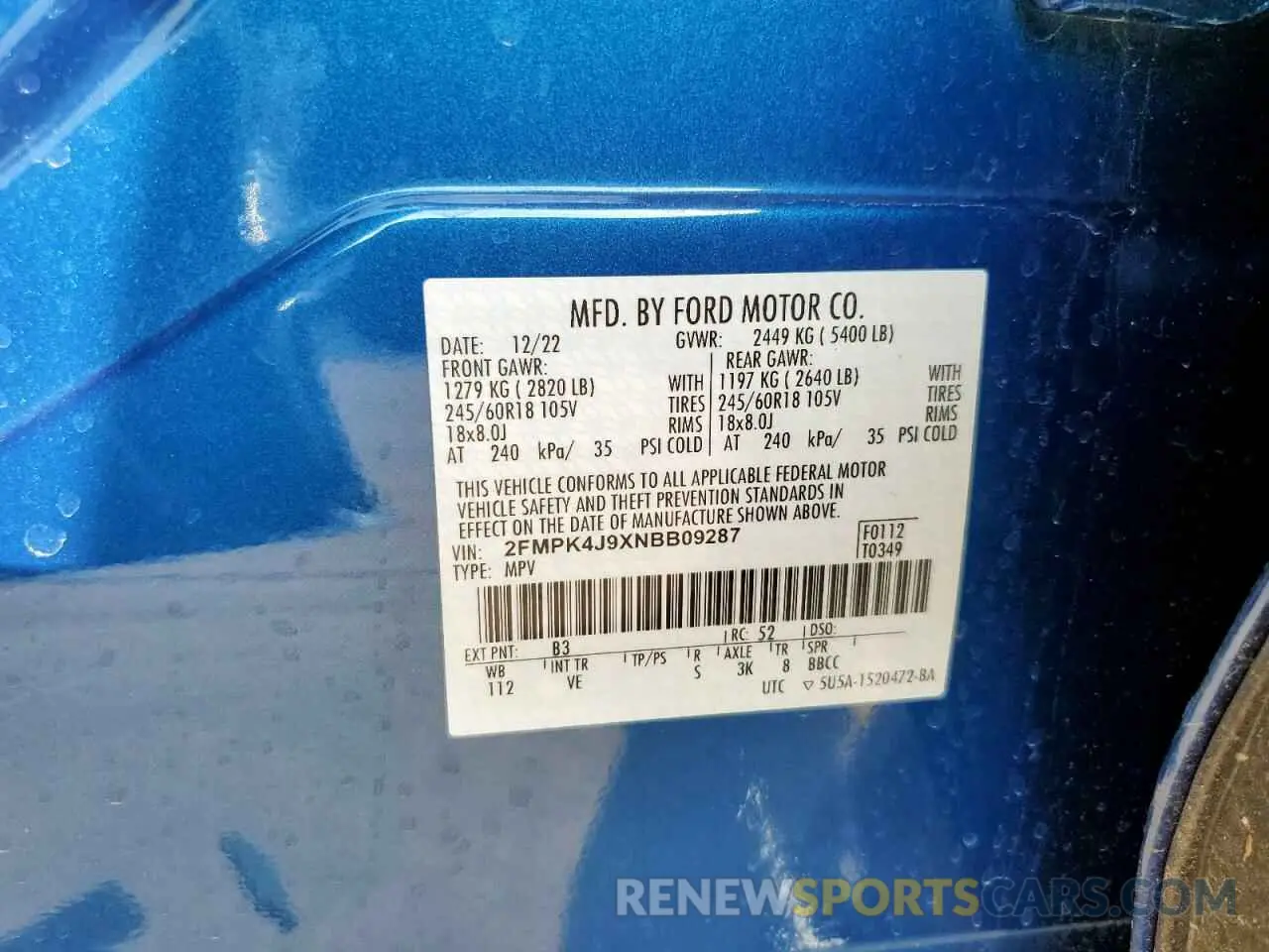 14 fotografías del automóvil dañado 2FMPK4J9XNBB09287 FORD EDGE 2022