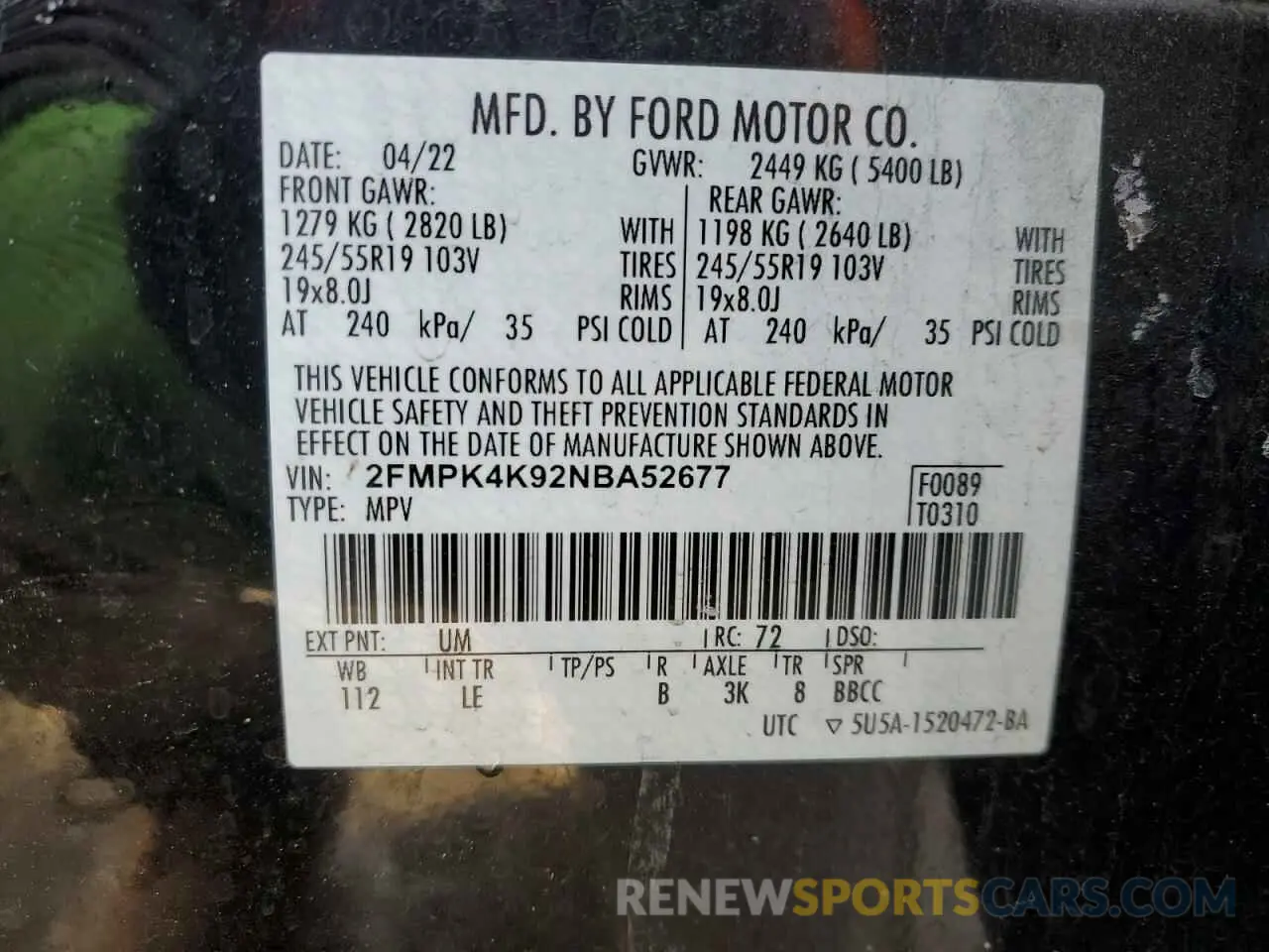14 fotografías del automóvil dañado 2FMPK4K92NBA52677 FORD EDGE 2022