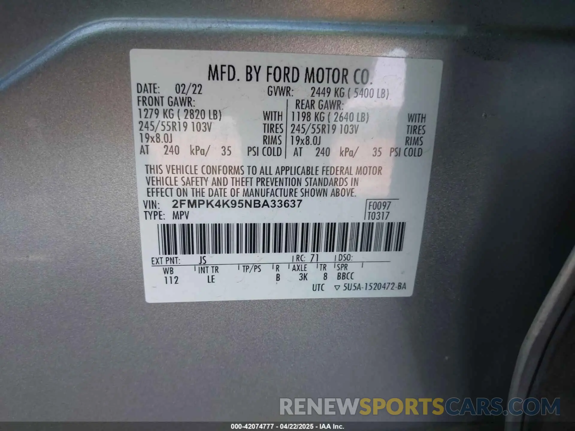 9 fotografías del automóvil dañado 2FMPK4K95NBA33637 FORD EDGE 2022