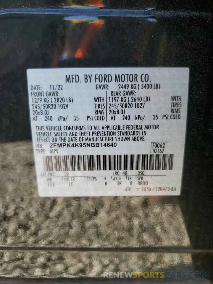 14 fotografías del automóvil dañado 2FMPK4K95NBB14640 FORD EDGE 2022