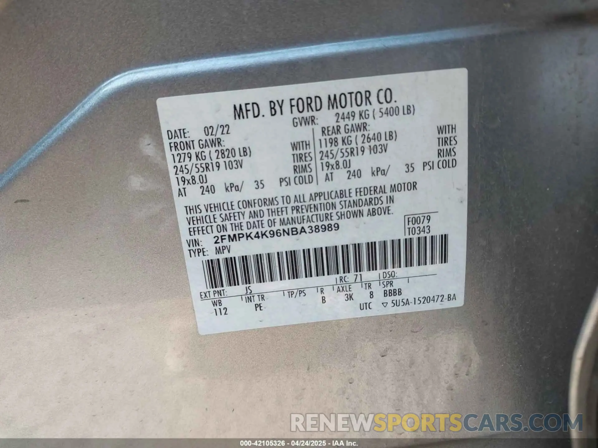 9 fotografías del automóvil dañado 2FMPK4K96NBA38989 FORD EDGE 2022