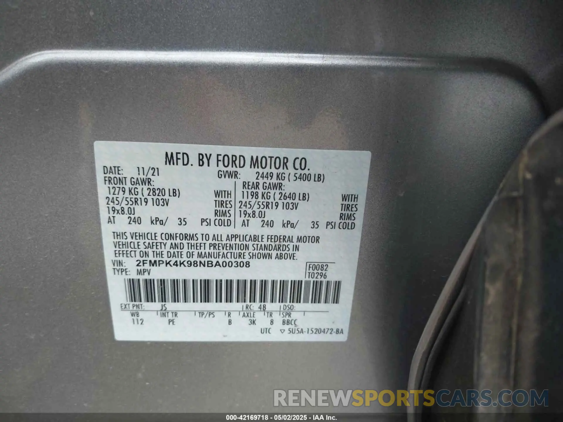 9 fotografías del automóvil dañado 2FMPK4K98NBA00308 FORD EDGE 2022