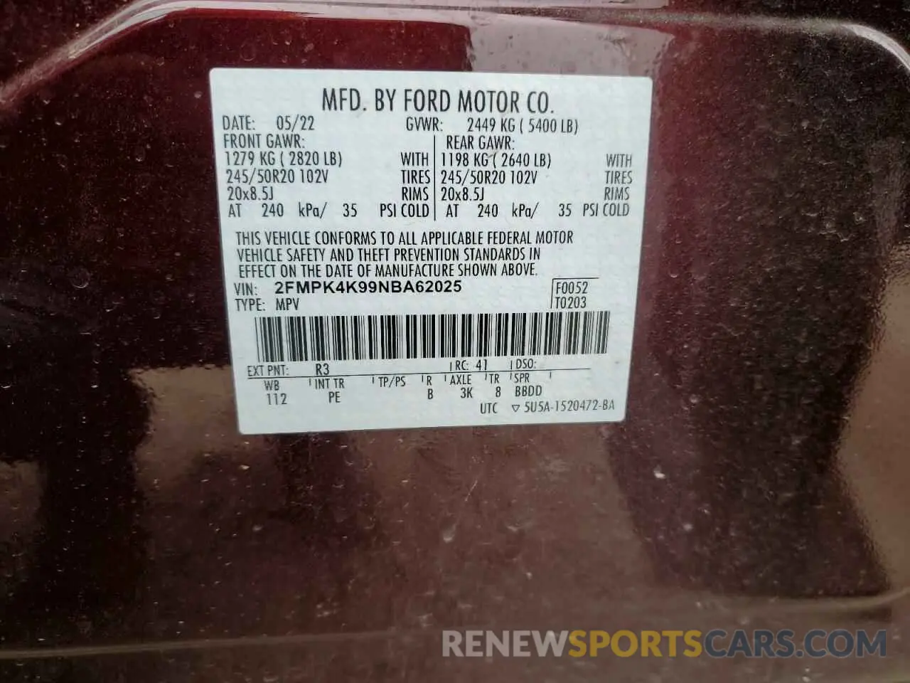 12 fotografías del automóvil dañado 2FMPK4K99NBA62025 FORD EDGE 2022