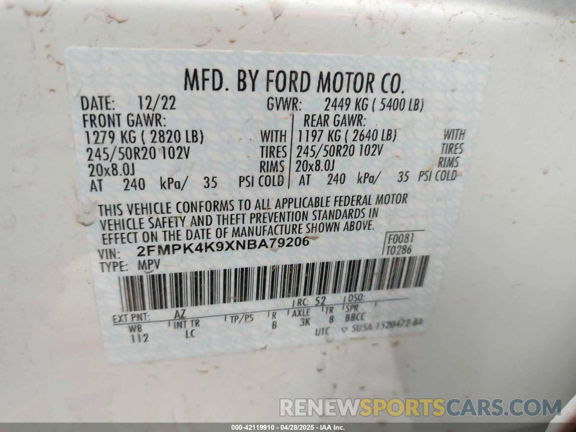 9 fotografías del automóvil dañado 2FMPK4K9XNBA79206 FORD EDGE 2022