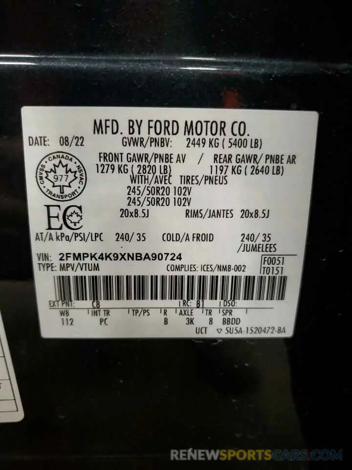 14 fotografías del automóvil dañado 2FMPK4K9XNBA90724 FORD EDGE 2022