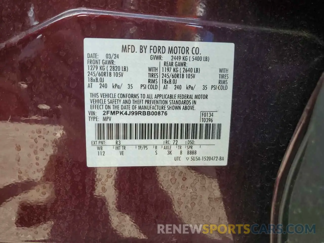 14 fotografías del automóvil dañado 2FMPK4J99RBB00876 FORD EDGE 2024