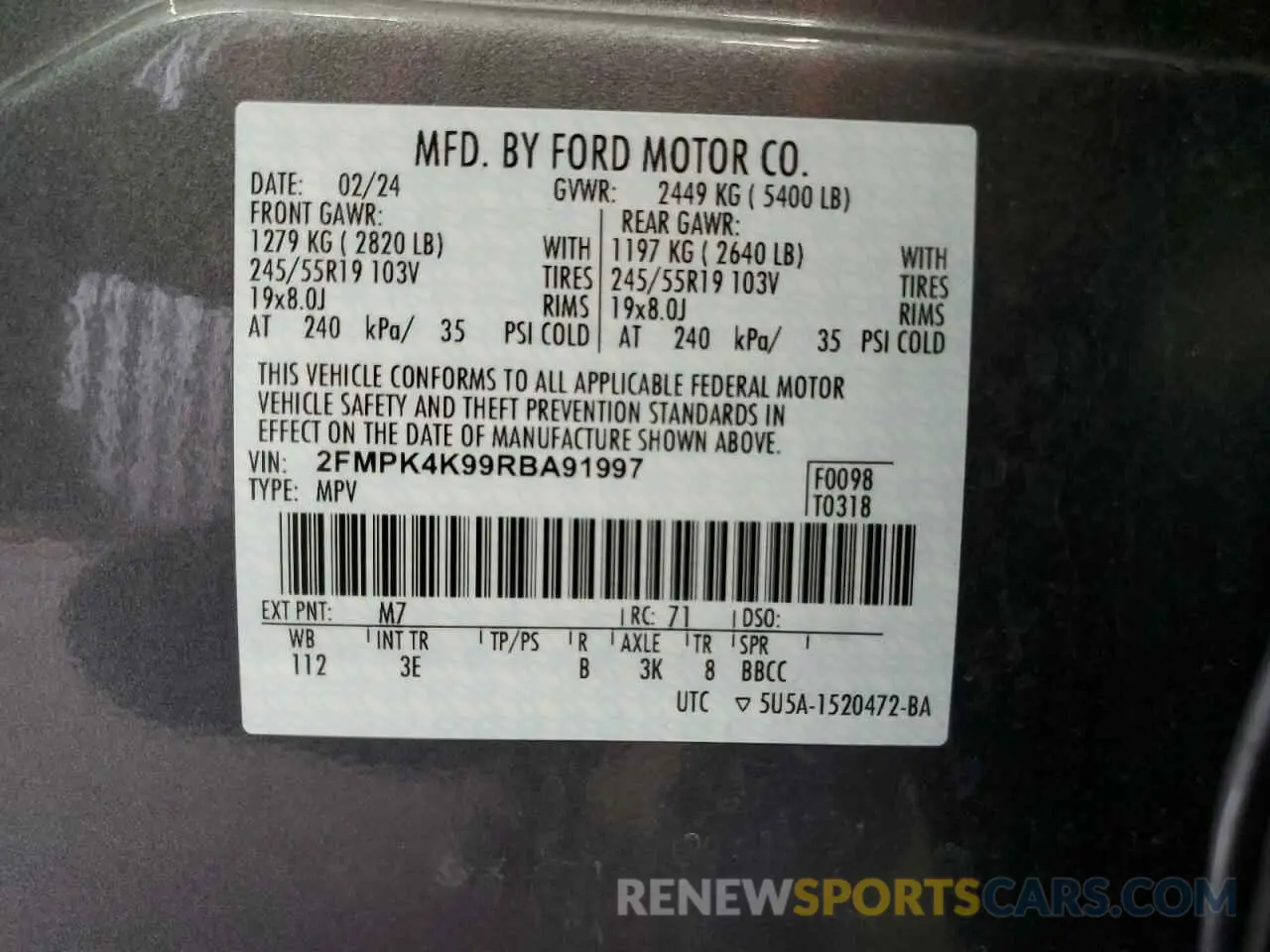14 fotografías del automóvil dañado 2FMPK4K99RBA91997 FORD EDGE 2024