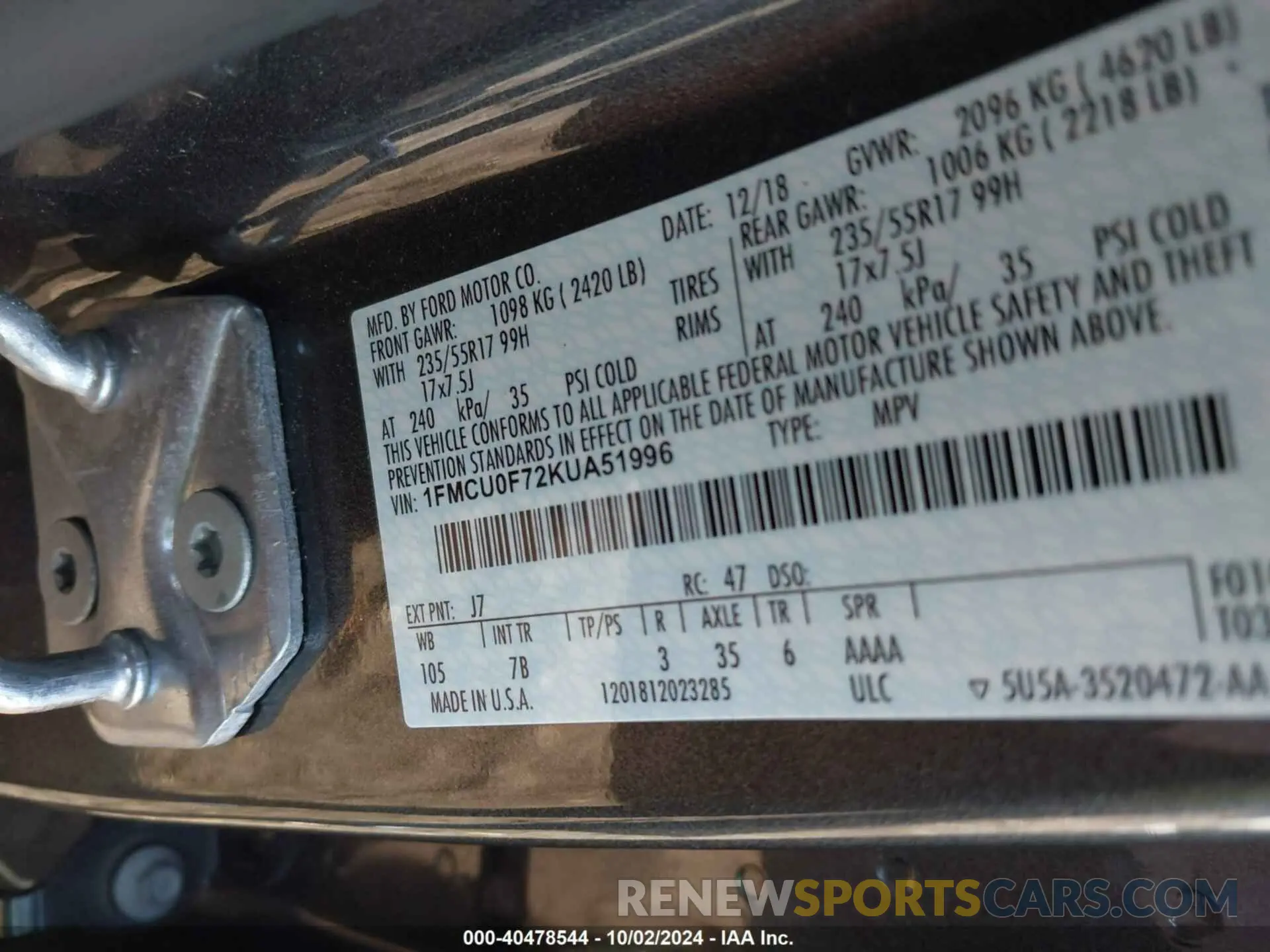 9 fotografías del automóvil dañado 1FMCU0F72KUA51996 FORD ESCAPE 2019