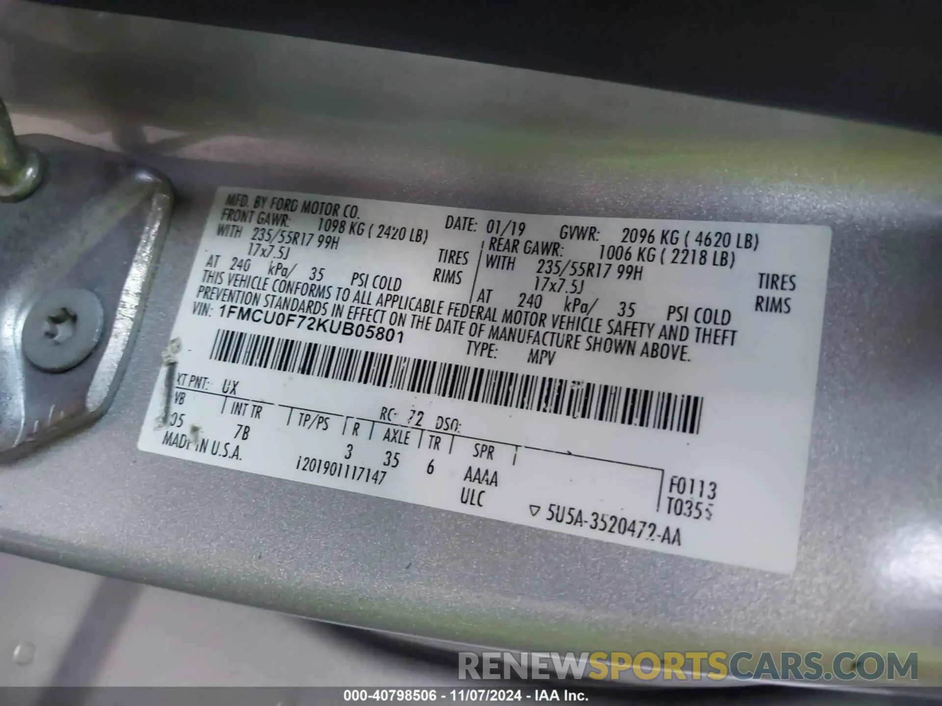 9 fotografías del automóvil dañado 1FMCU0F72KUB05801 FORD ESCAPE 2019