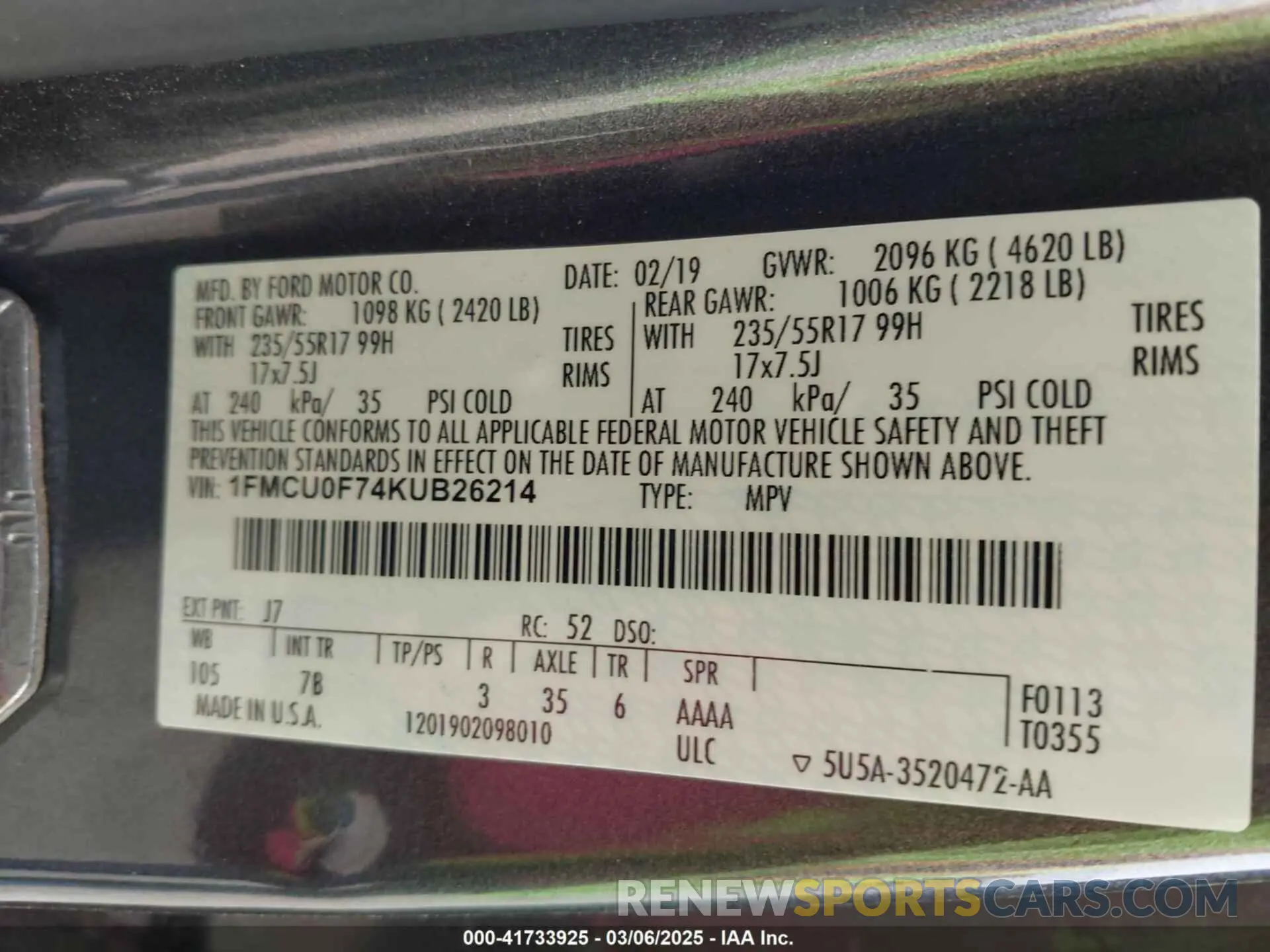 9 fotografías del automóvil dañado 1FMCU0F74KUB26214 FORD ESCAPE 2019
