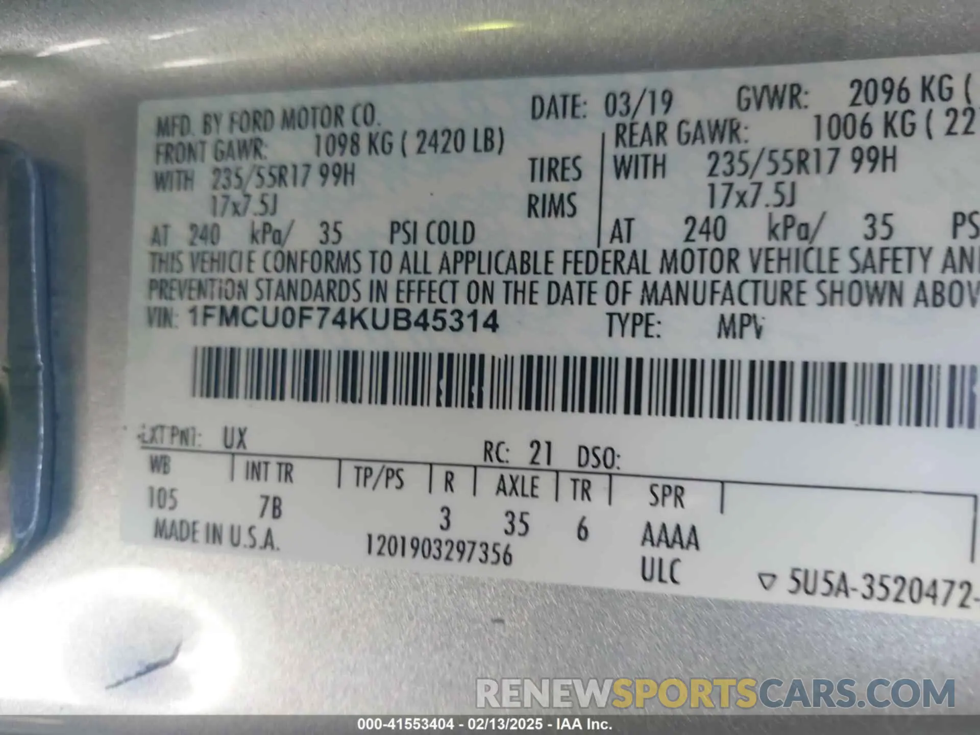 9 fotografías del automóvil dañado 1FMCU0F74KUB45314 FORD ESCAPE 2019