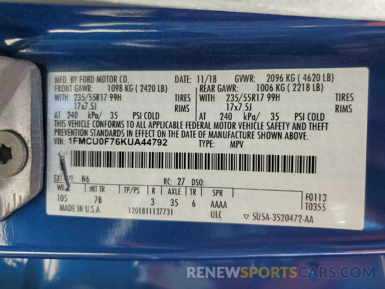 13 fotografías del automóvil dañado 1FMCU0F76KUA44792 FORD ESCAPE 2019