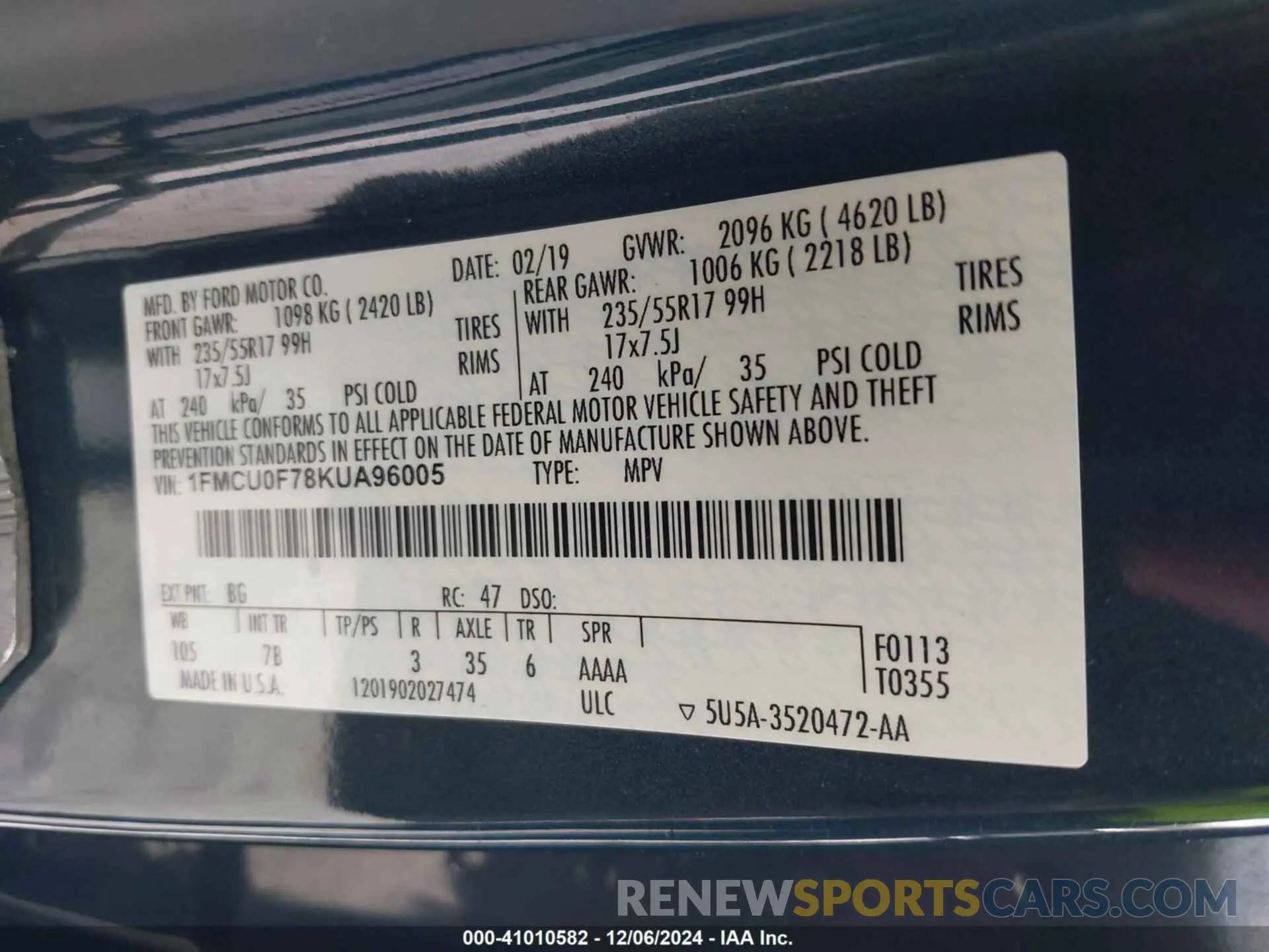 9 fotografías del automóvil dañado 1FMCU0F78KUA96005 FORD ESCAPE 2019