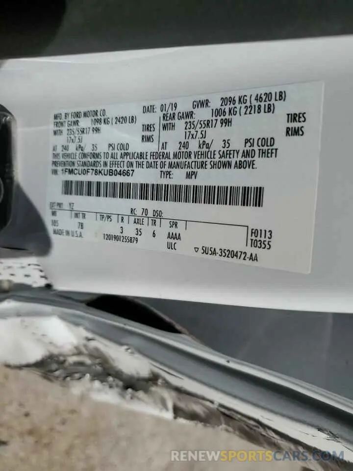 13 fotografías del automóvil dañado 1FMCU0F78KUB04667 FORD ESCAPE 2019