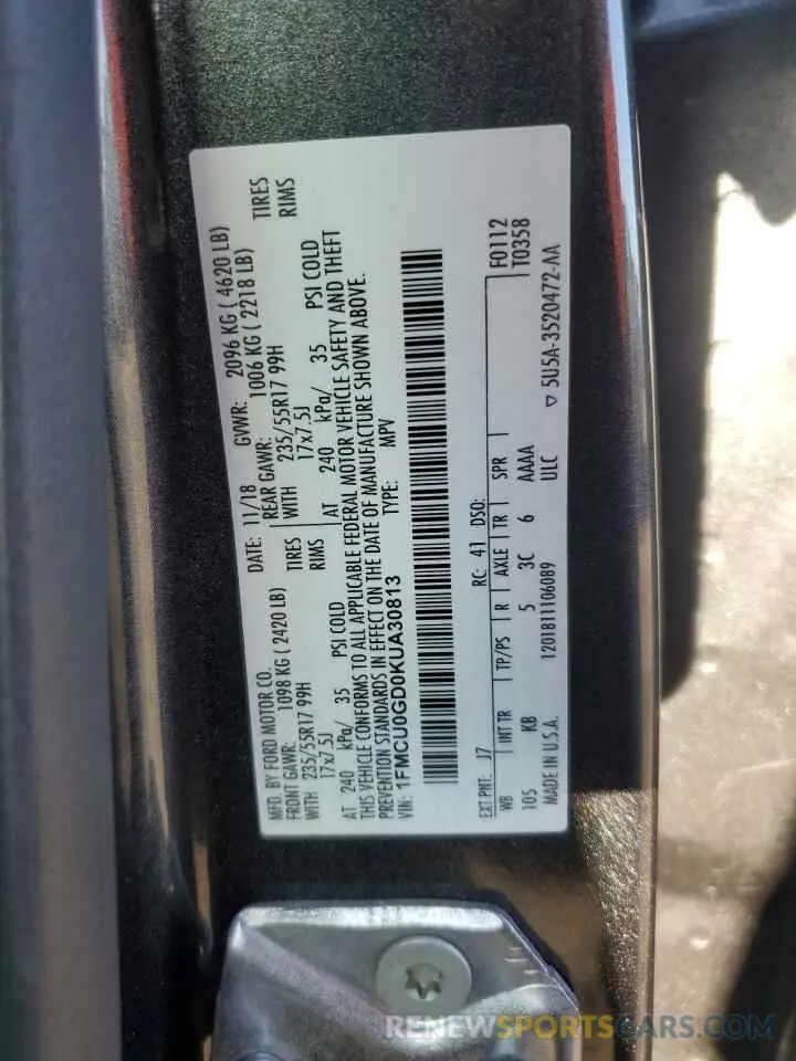 14 fotografías del automóvil dañado 1FMCU0GD0KUA30813 FORD ESCAPE 2019