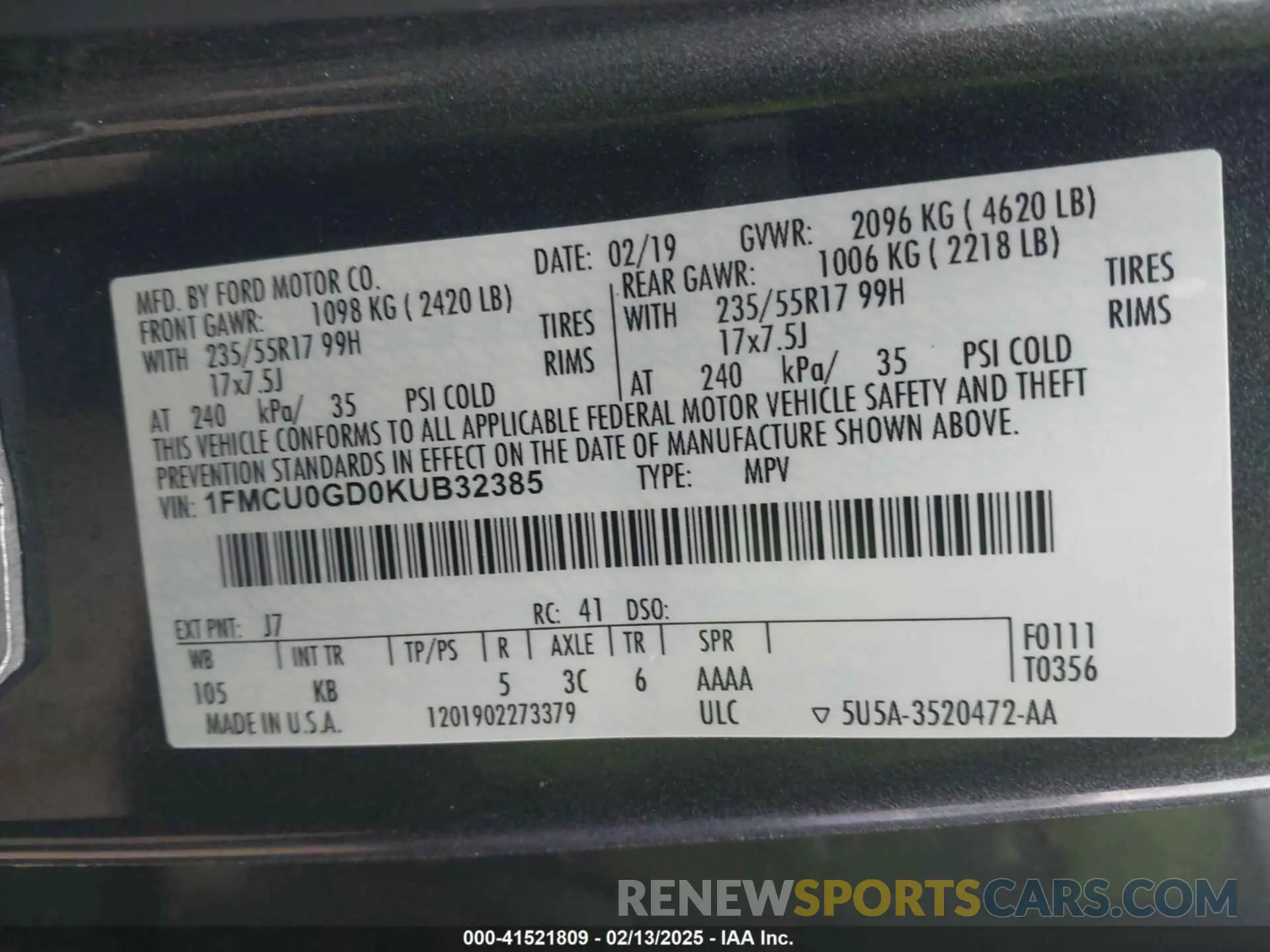 9 fotografías del automóvil dañado 1FMCU0GD0KUB32385 FORD ESCAPE 2019