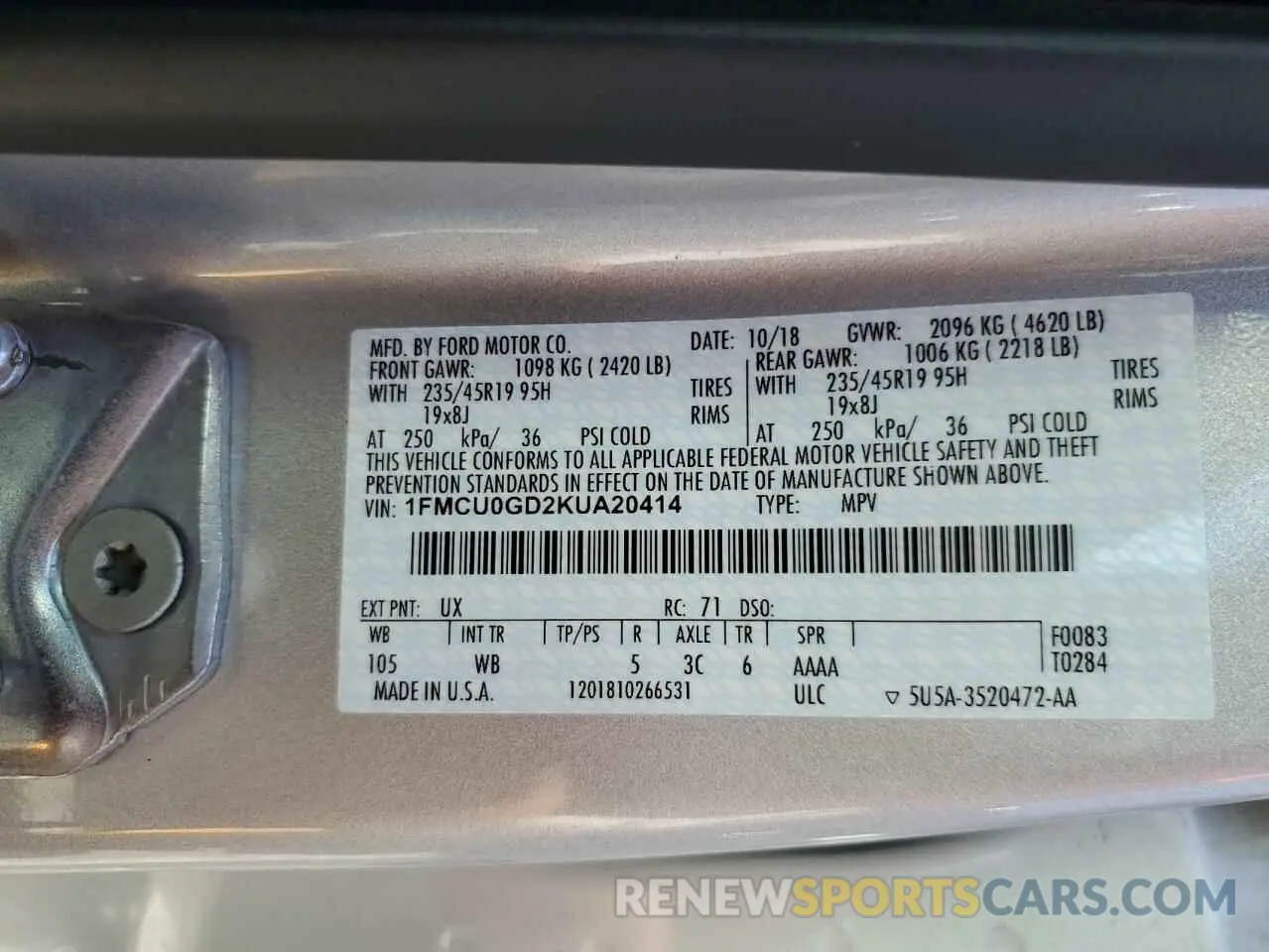 12 fotografías del automóvil dañado 1FMCU0GD2KUA20414 FORD ESCAPE 2019