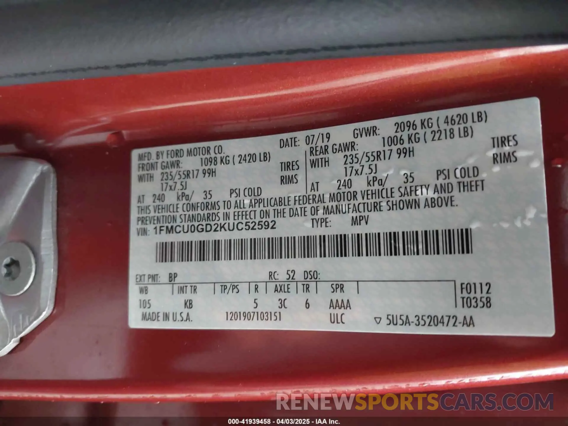 9 fotografías del automóvil dañado 1FMCU0GD2KUC52592 FORD ESCAPE 2019