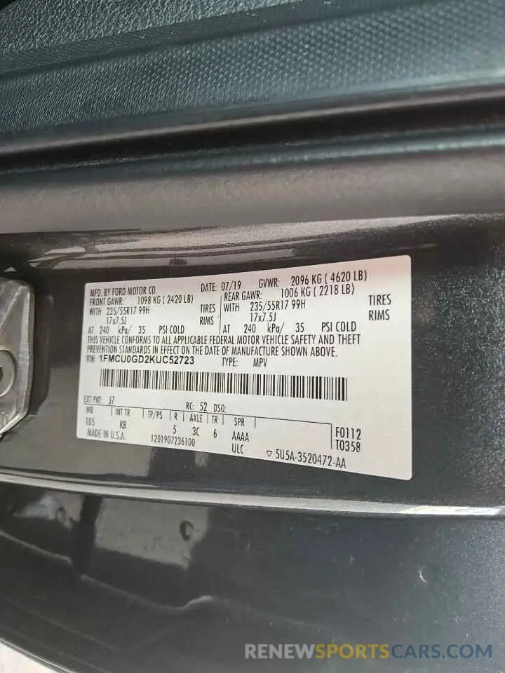 12 fotografías del automóvil dañado 1FMCU0GD2KUC52723 FORD ESCAPE 2019