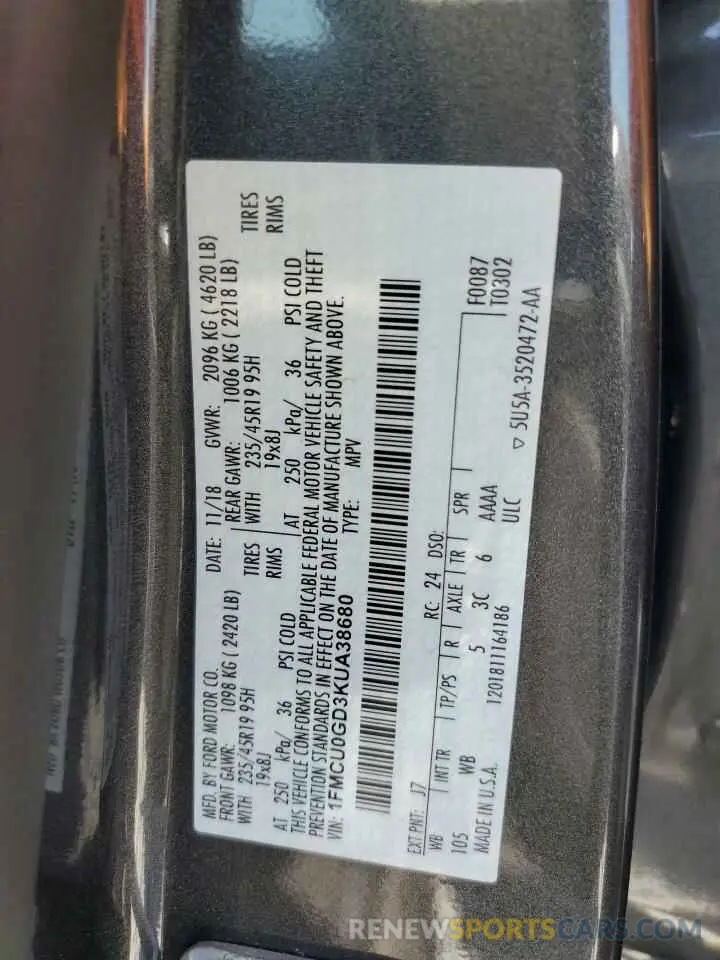 14 fotografías del automóvil dañado 1FMCU0GD3KUA38680 FORD ESCAPE 2019