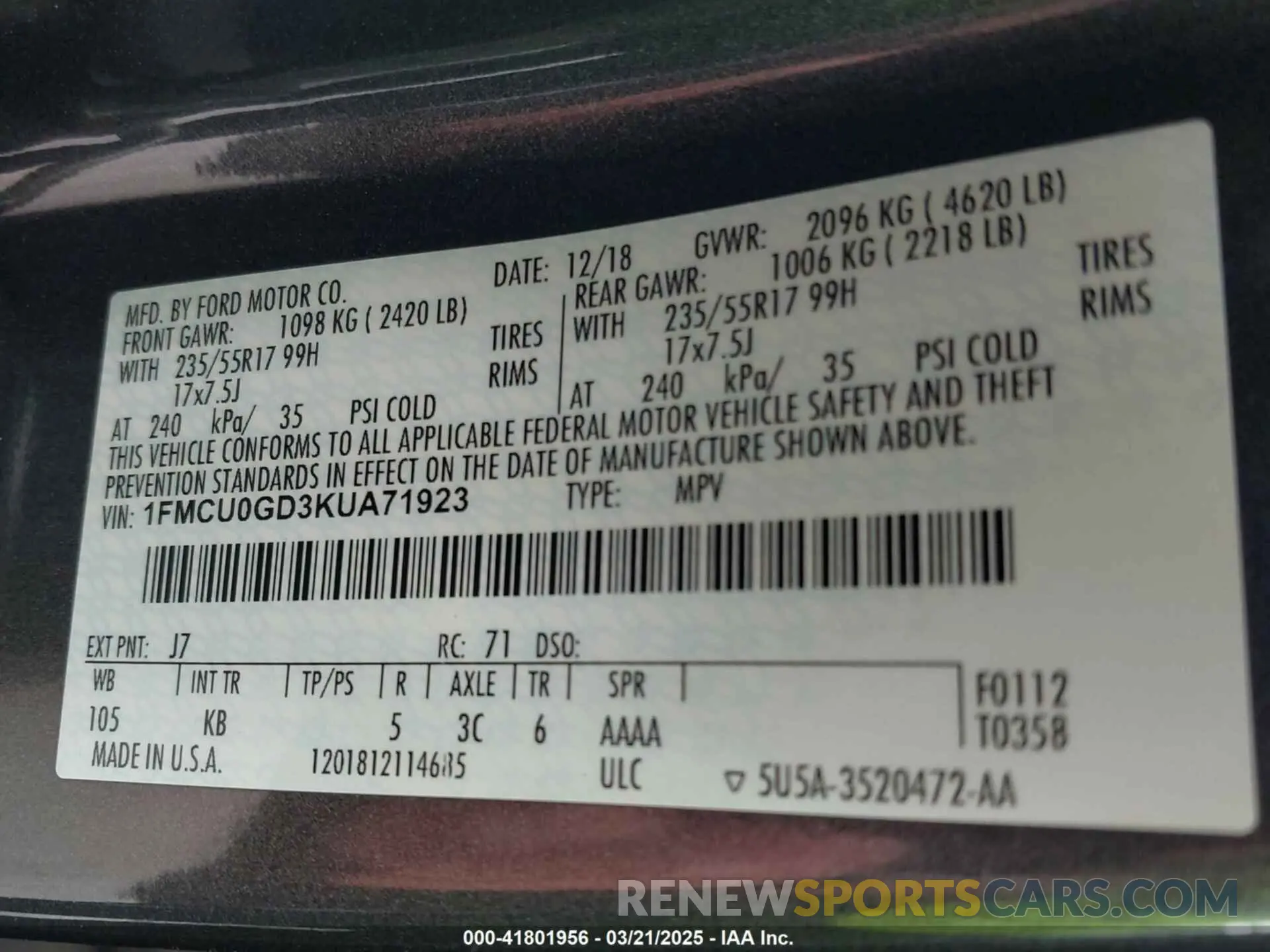 9 fotografías del automóvil dañado 1FMCU0GD3KUA71923 FORD ESCAPE 2019