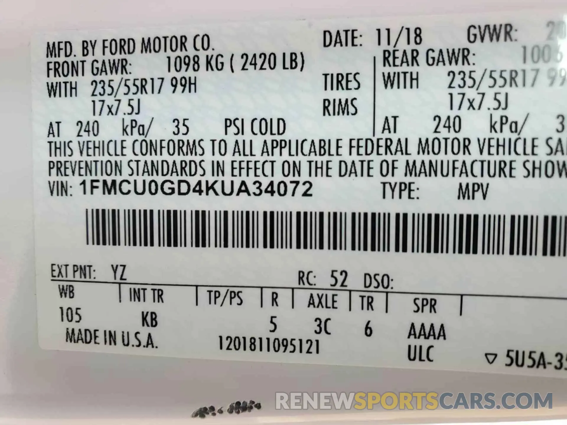 4 fotografías del automóvil dañado 1FMCU0GD4KUA34072 FORD ESCAPE 2019