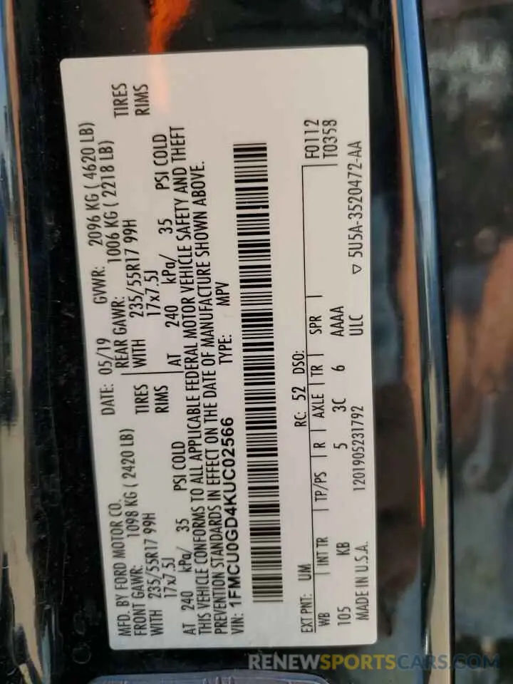 13 fotografías del automóvil dañado 1FMCU0GD4KUC02566 FORD ESCAPE 2019