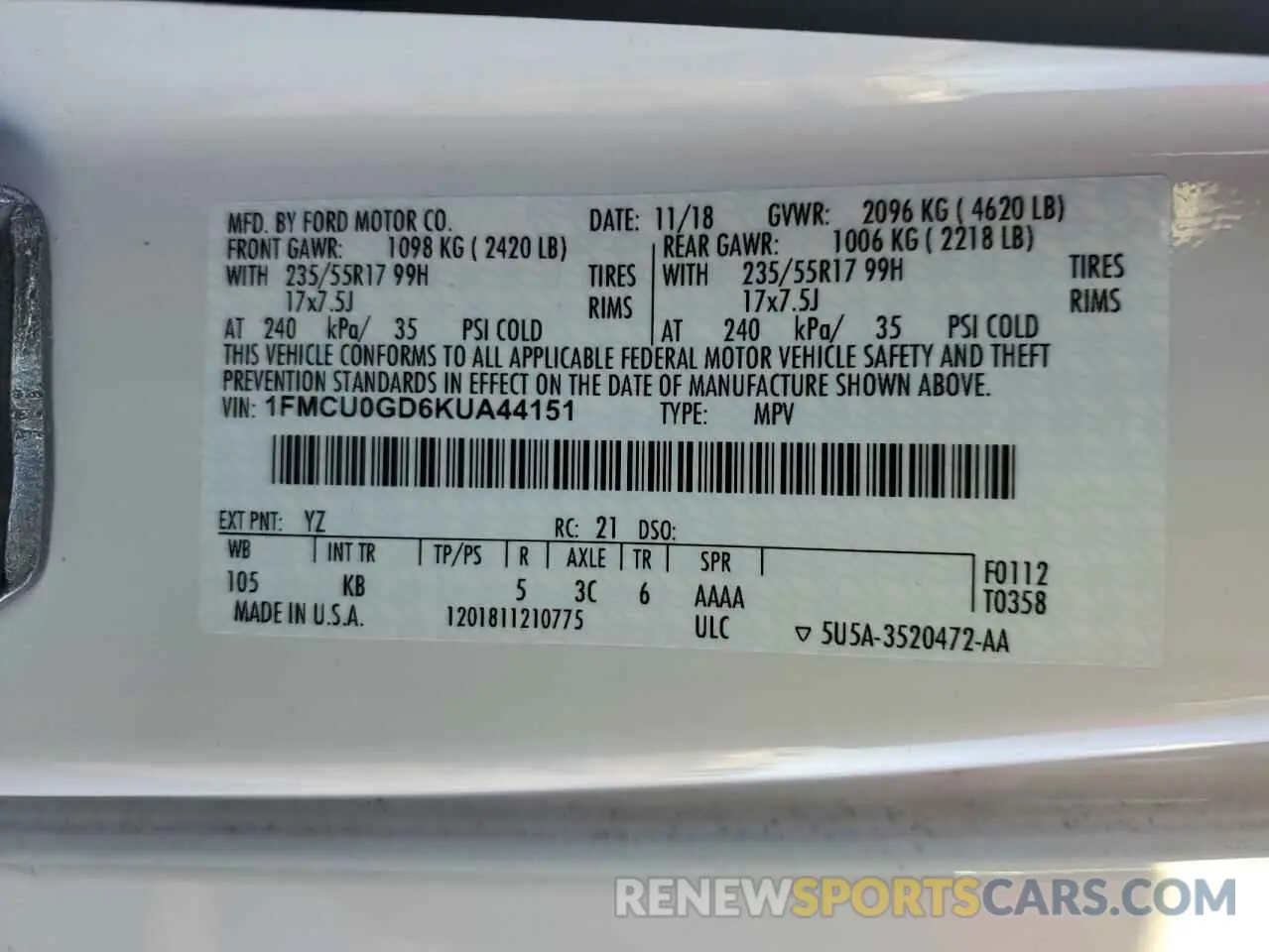 12 fotografías del automóvil dañado 1FMCU0GD6KUA44151 FORD ESCAPE 2019