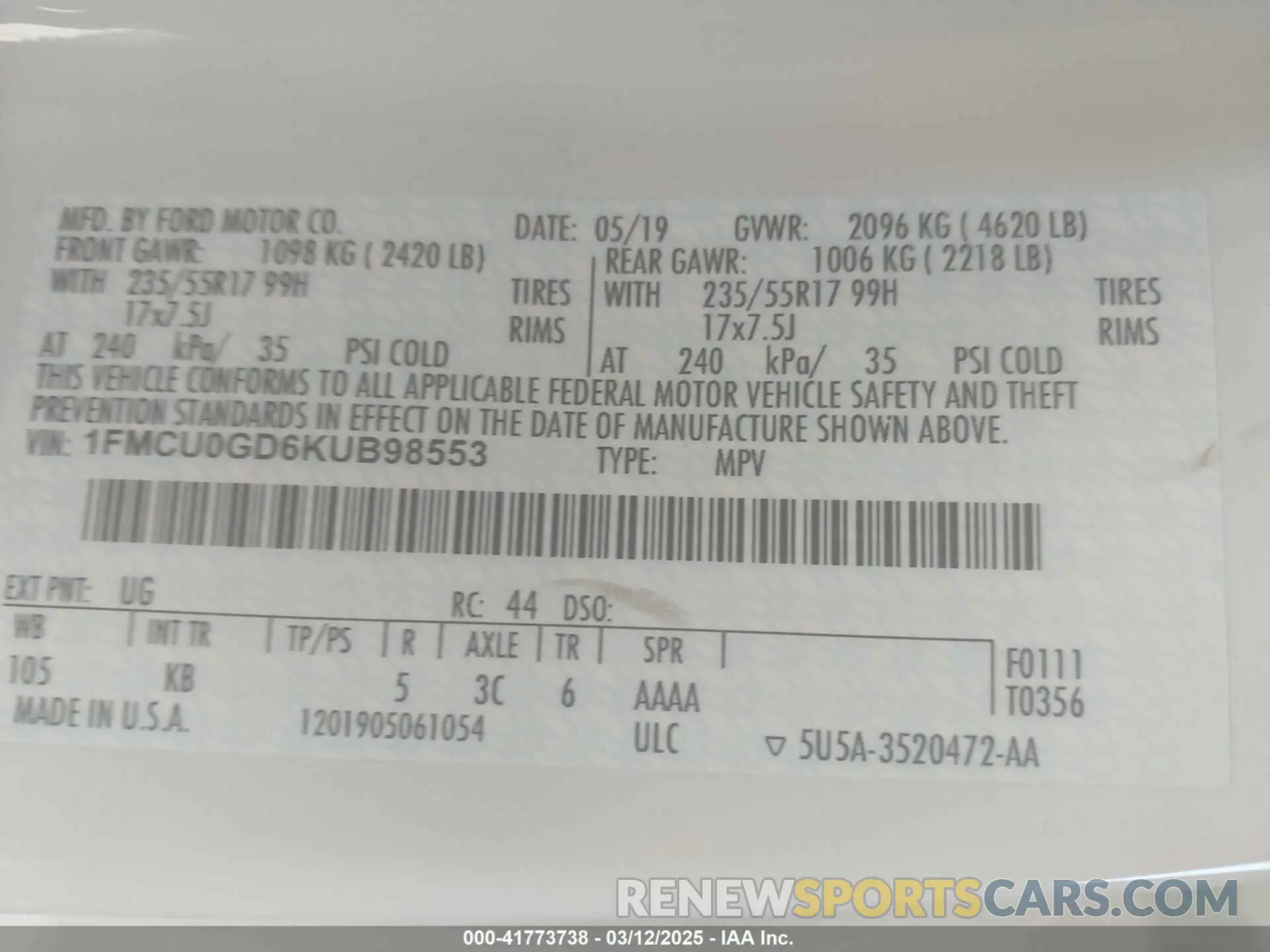 9 fotografías del automóvil dañado 1FMCU0GD6KUB98553 FORD ESCAPE 2019