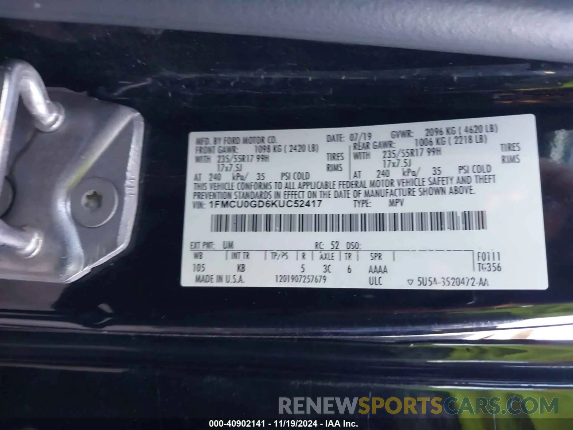 9 fotografías del automóvil dañado 1FMCU0GD6KUC52417 FORD ESCAPE 2019
