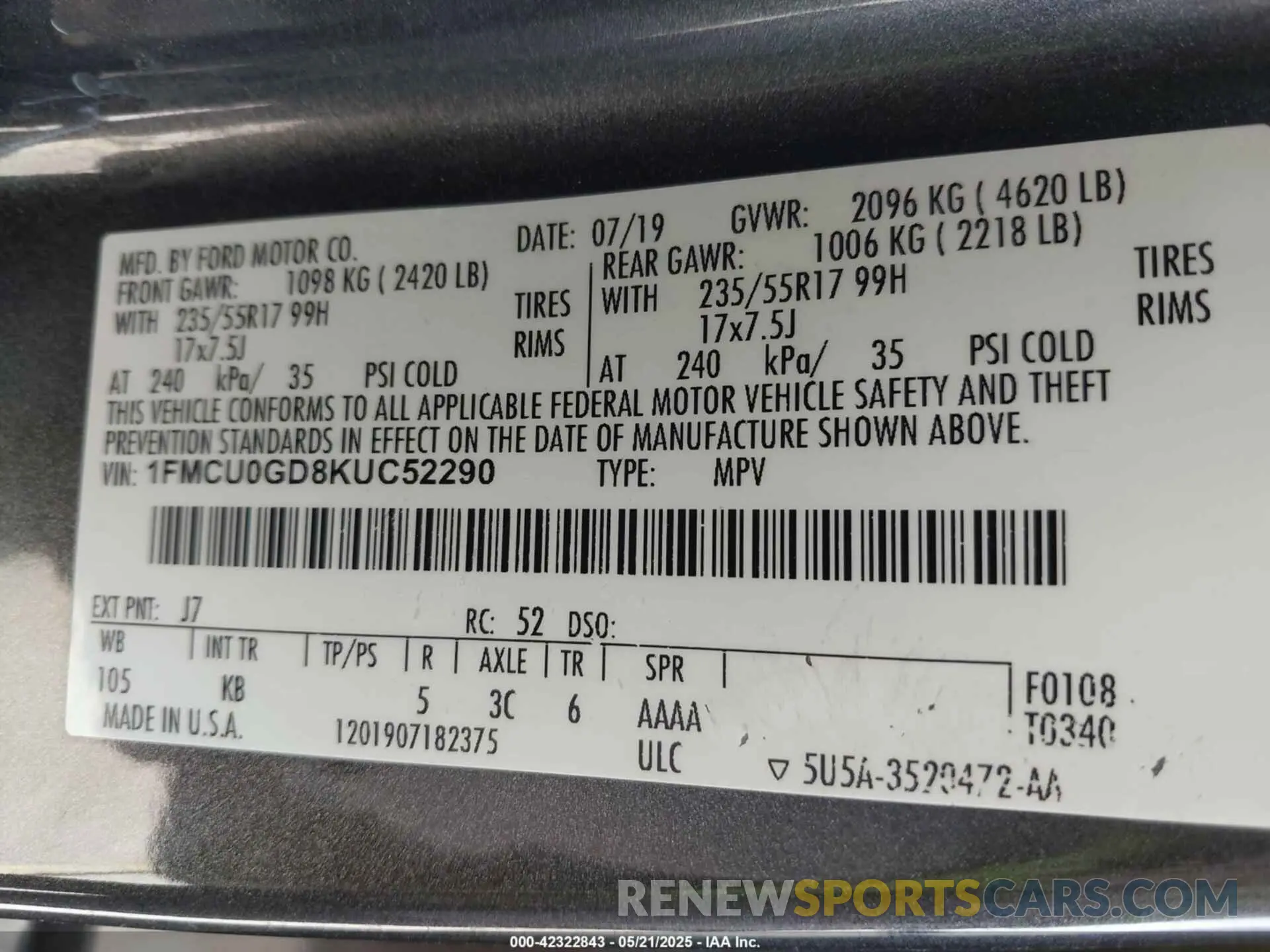 9 fotografías del automóvil dañado 1FMCU0GD8KUC52290 FORD ESCAPE 2019