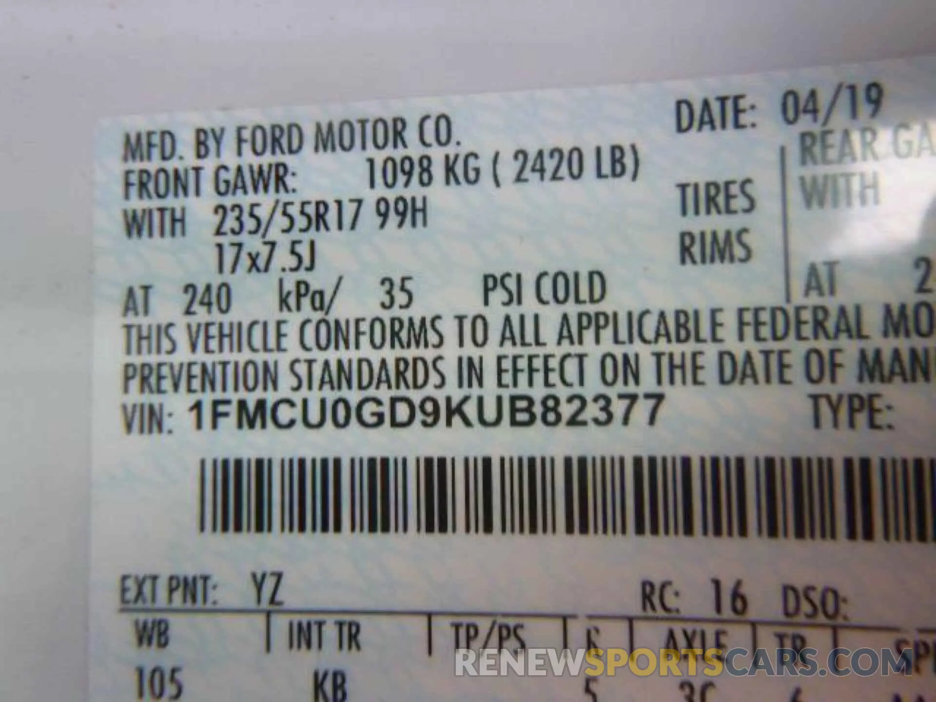 7 fotografías del automóvil dañado 1FMCU0GD9KUB82377 FORD ESCAPE 2019