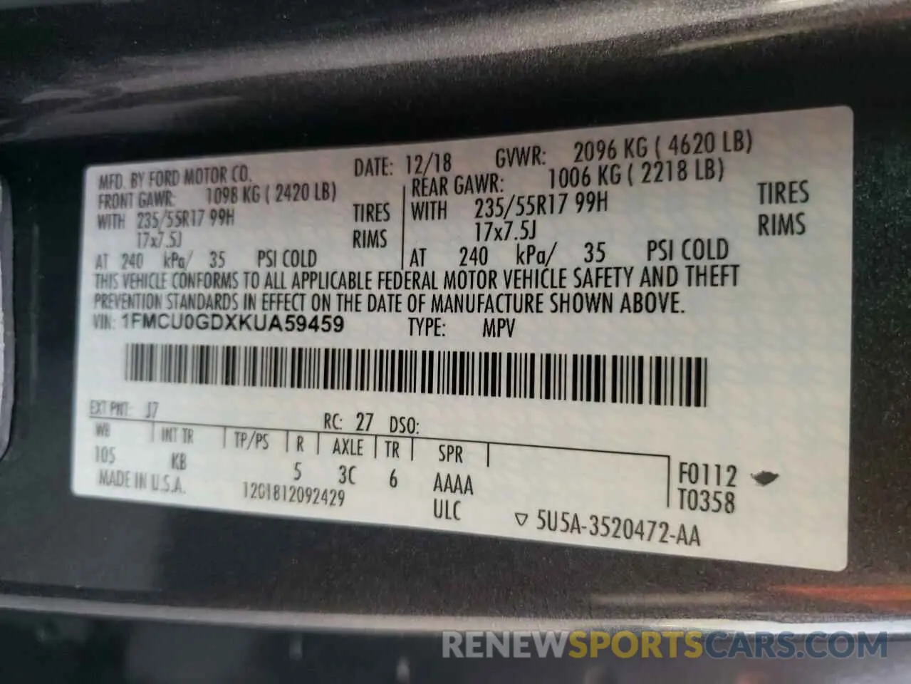 13 fotografías del automóvil dañado 1FMCU0GDXKUA59459 FORD ESCAPE 2019