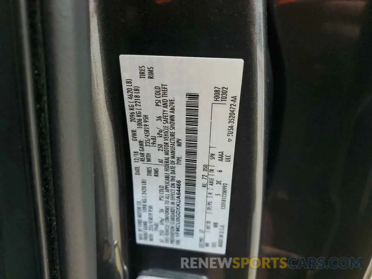 13 fotografías del automóvil dañado 1FMCU0GDXKUA64466 FORD ESCAPE 2019