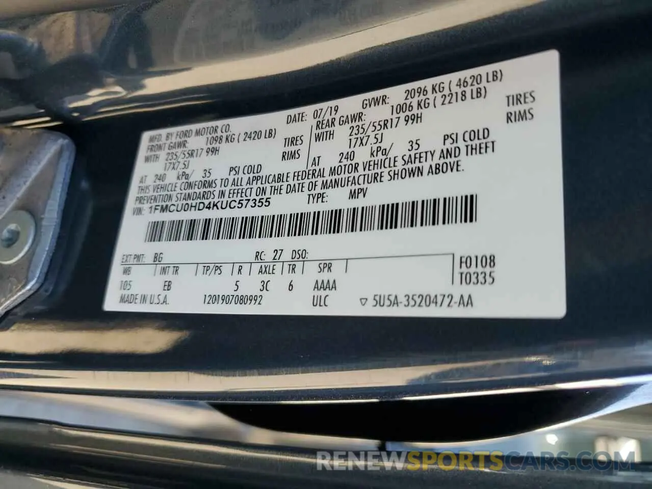 14 fotografías del automóvil dañado 1FMCU0HD4KUC57355 FORD ESCAPE 2019