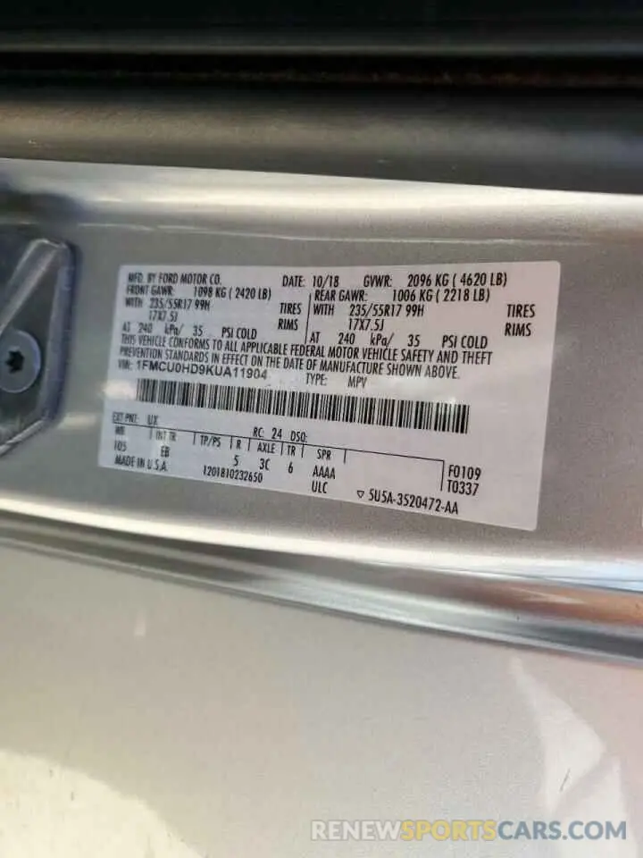 13 fotografías del automóvil dañado 1FMCU0HD9KUA11904 FORD ESCAPE 2019