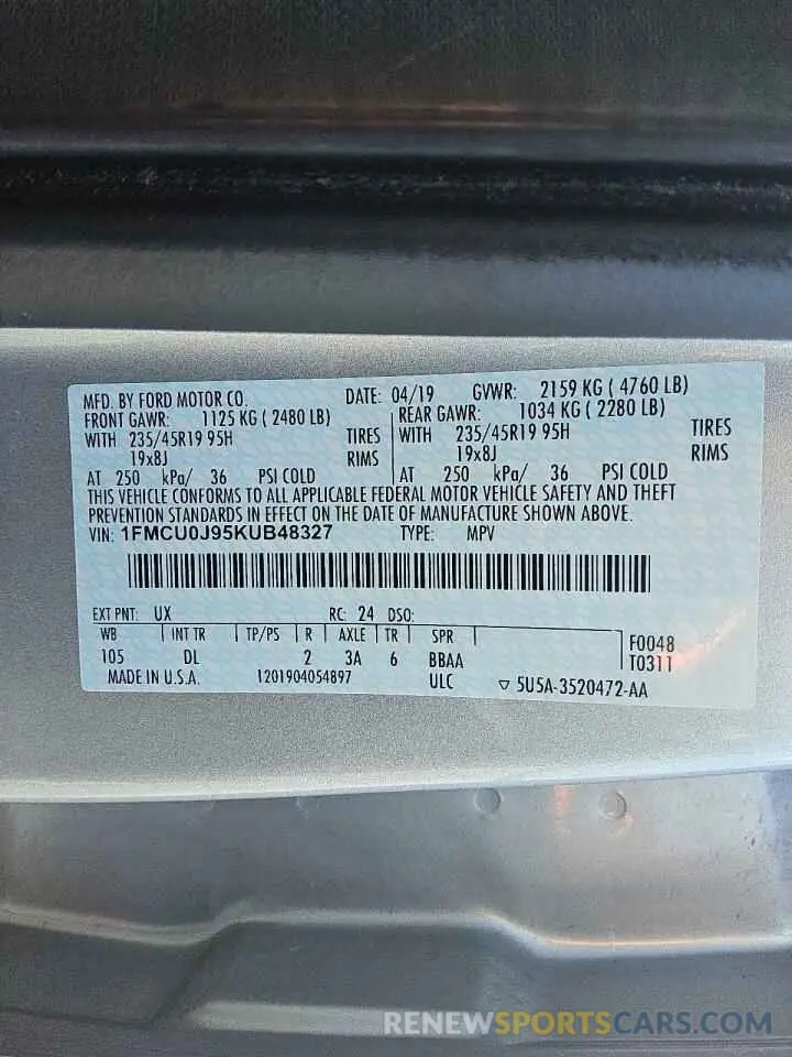 12 fotografías del automóvil dañado 1FMCU0J95KUB48327 FORD ESCAPE 2019