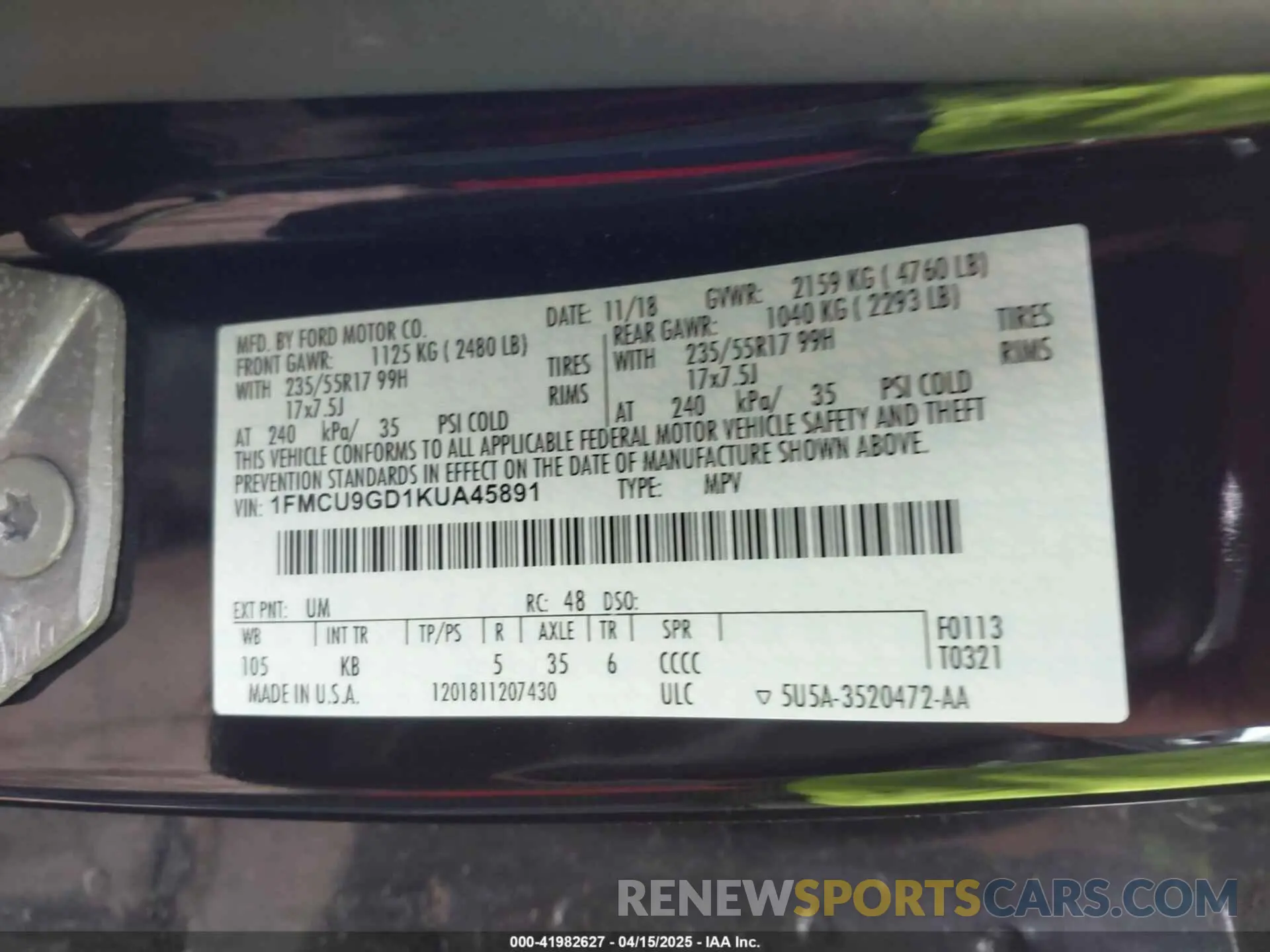 9 fotografías del automóvil dañado 1FMCU9GD1KUA45891 FORD ESCAPE 2019