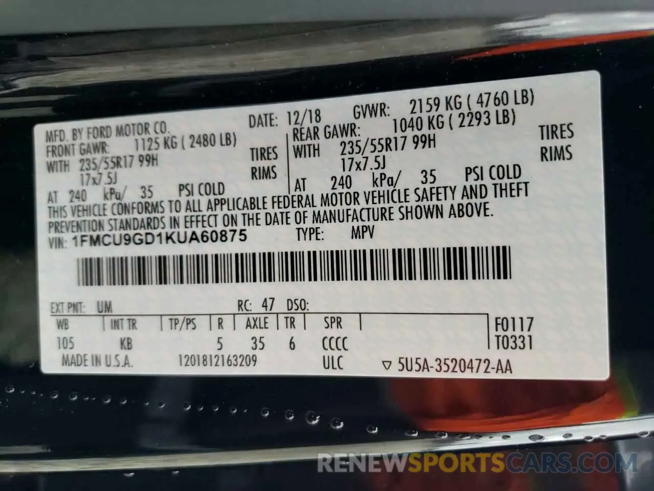 15 fotografías del automóvil dañado 1FMCU9GD1KUA60875 FORD ESCAPE 2019