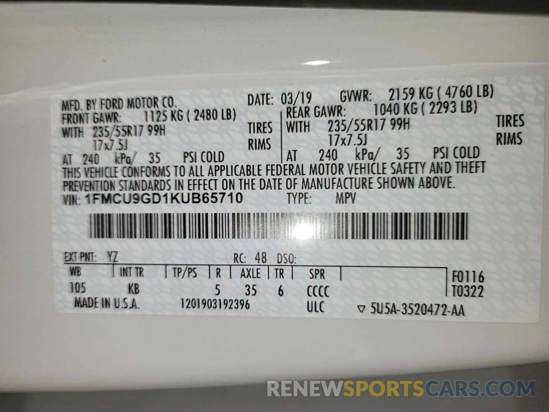 5 fotografías del automóvil dañado 1FMCU9GD1KUB65710 FORD ESCAPE 2019