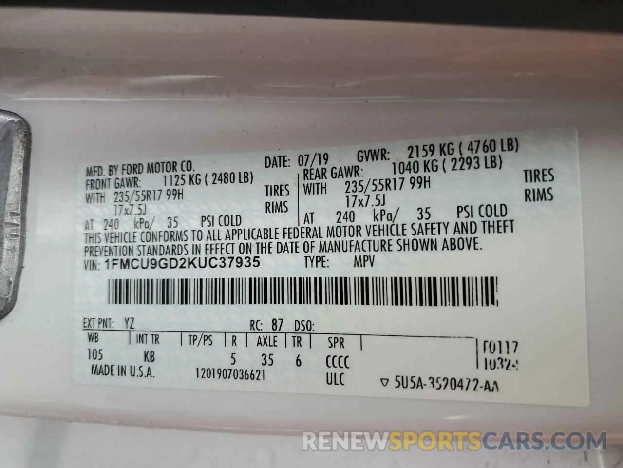 13 fotografías del automóvil dañado 1FMCU9GD2KUC37935 FORD ESCAPE 2019