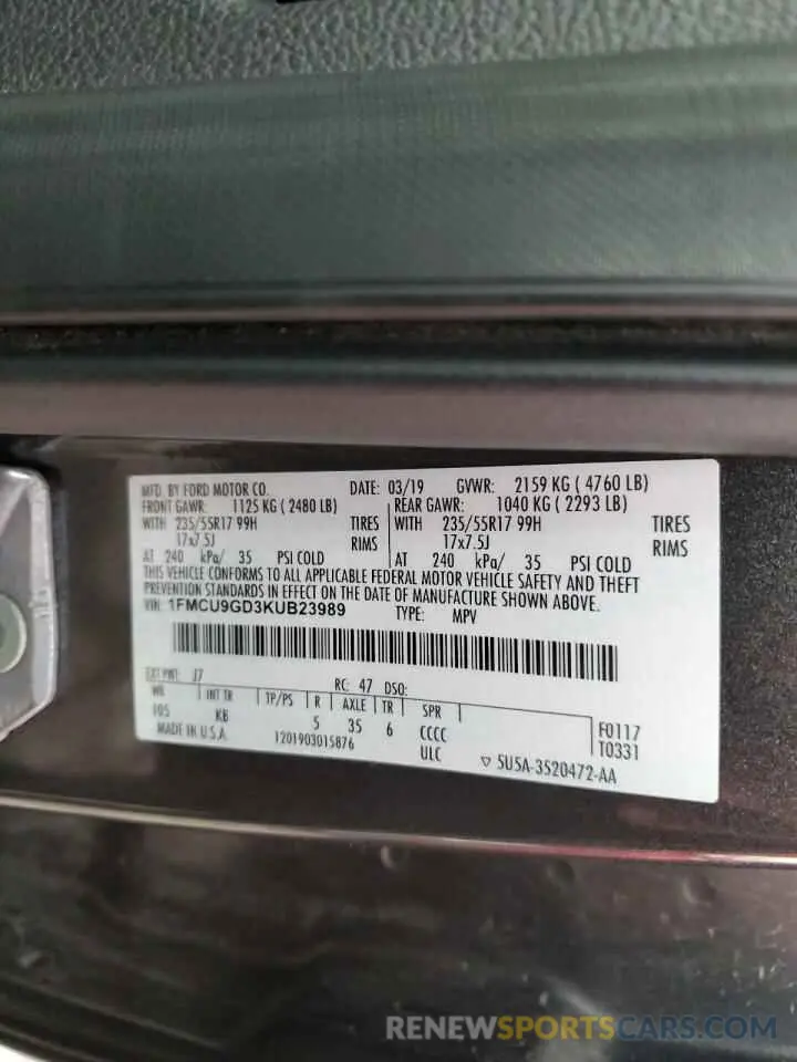 13 fotografías del automóvil dañado 1FMCU9GD3KUB23989 FORD ESCAPE 2019