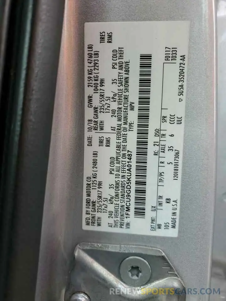 13 fotografías del automóvil dañado 1FMCU9GD5KUA01487 FORD ESCAPE 2019
