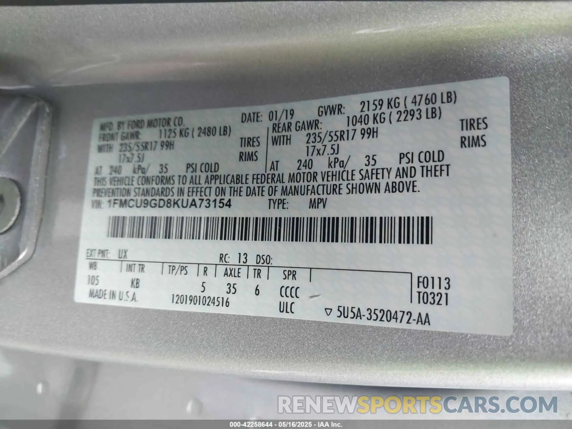 9 fotografías del automóvil dañado 1FMCU9GD8KUA73154 FORD ESCAPE 2019