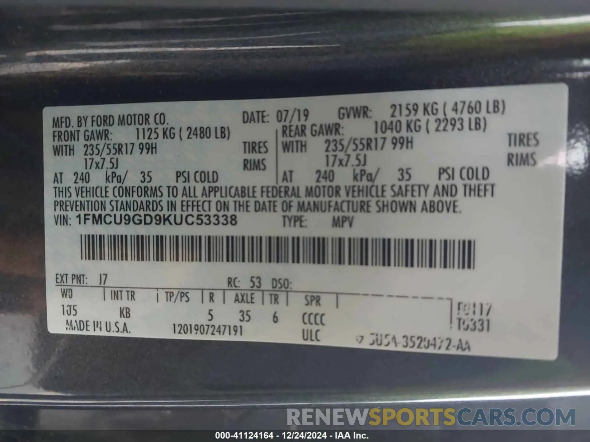9 fotografías del automóvil dañado 1FMCU9GD9KUC53338 FORD ESCAPE 2019