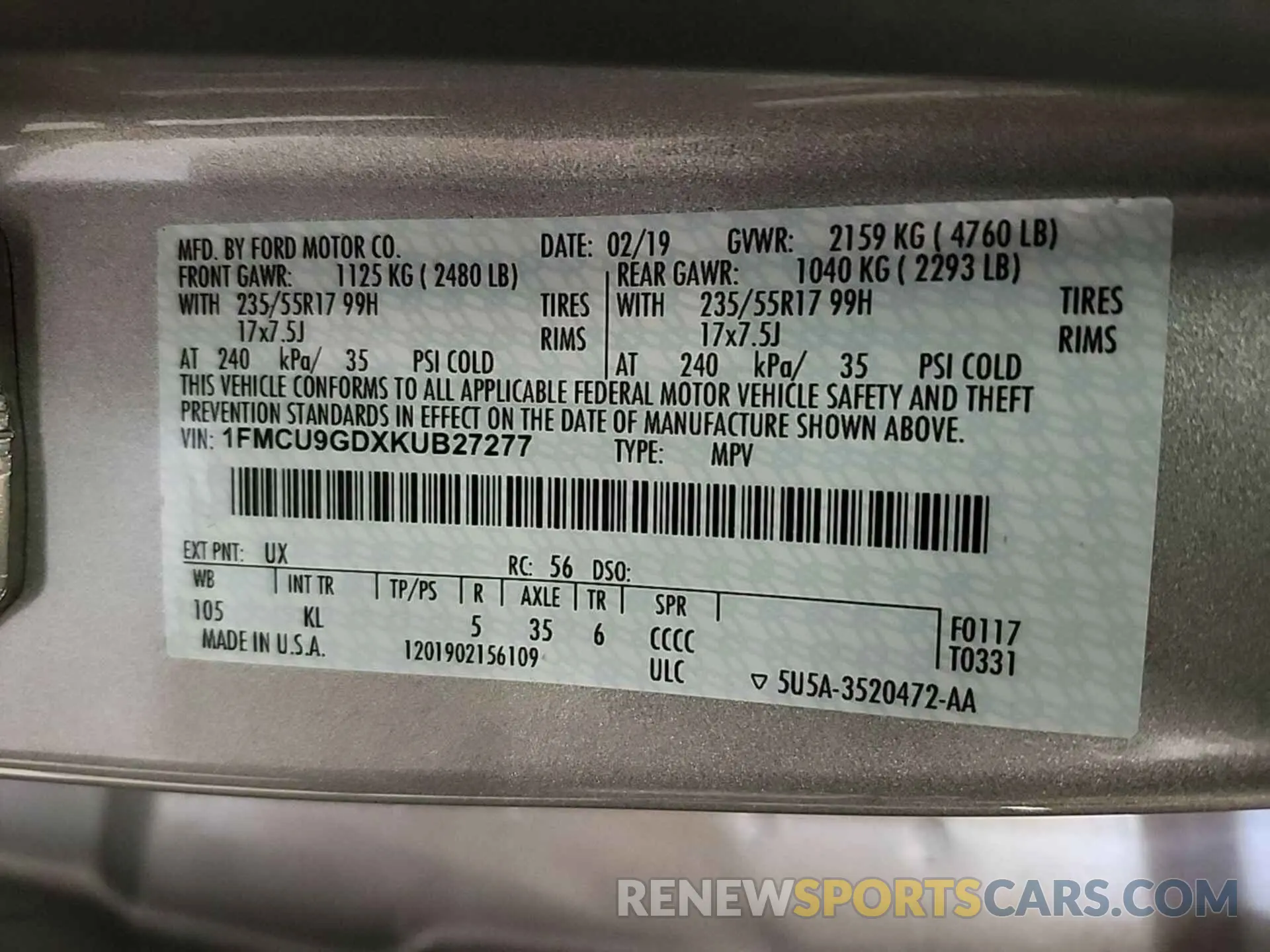 11 fotografías del automóvil dañado 1FMCU9GDXKUB27277 FORD ESCAPE 2019