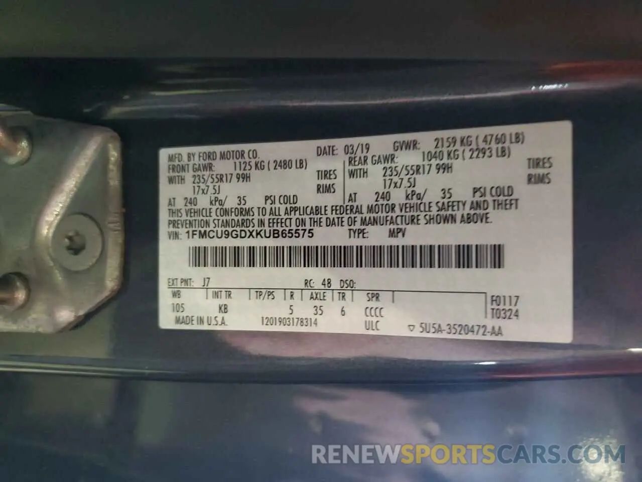 13 fotografías del automóvil dañado 1FMCU9GDXKUB65575 FORD ESCAPE 2019