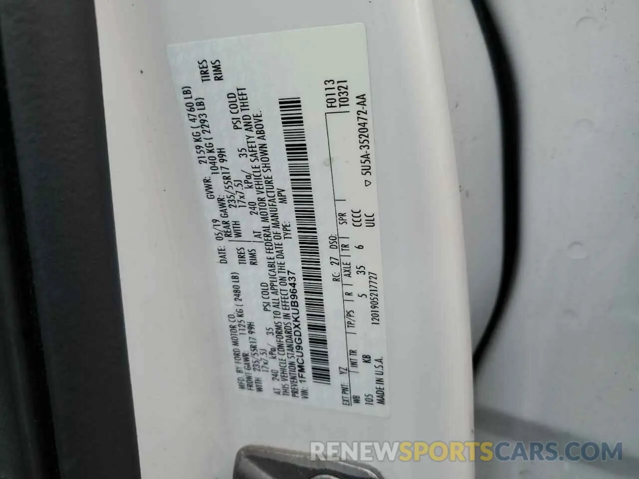 13 fotografías del automóvil dañado 1FMCU9GDXKUB96437 FORD ESCAPE 2019