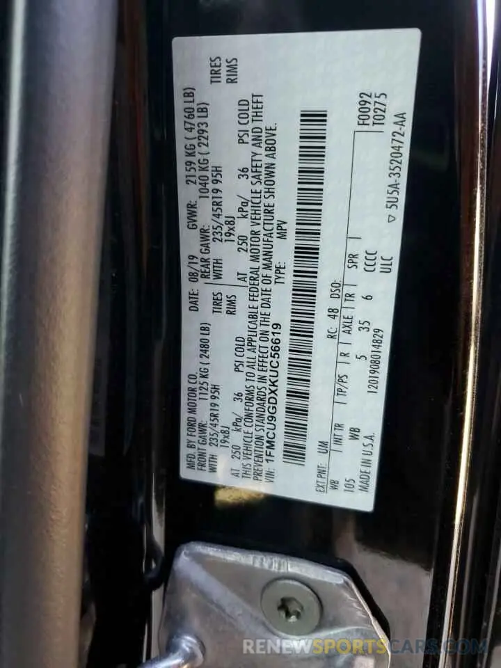 13 fotografías del automóvil dañado 1FMCU9GDXKUC56619 FORD ESCAPE 2019