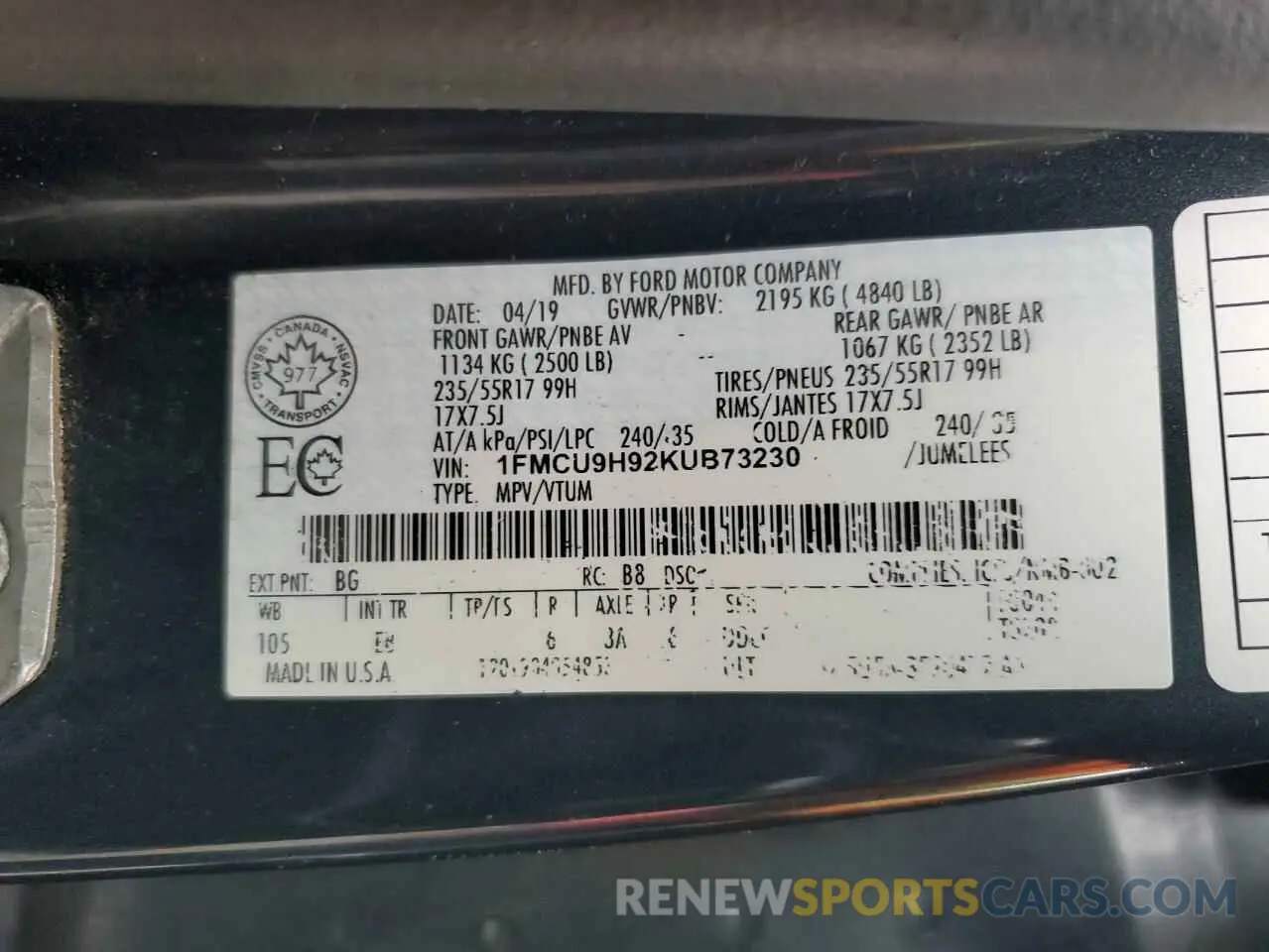 14 fotografías del automóvil dañado 1FMCU9H92KUB73230 FORD ESCAPE 2019